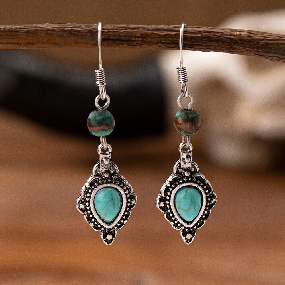 Boho Turquoise Colored Teardrop Dangle Earrings Silver Tone Filigree Pierced